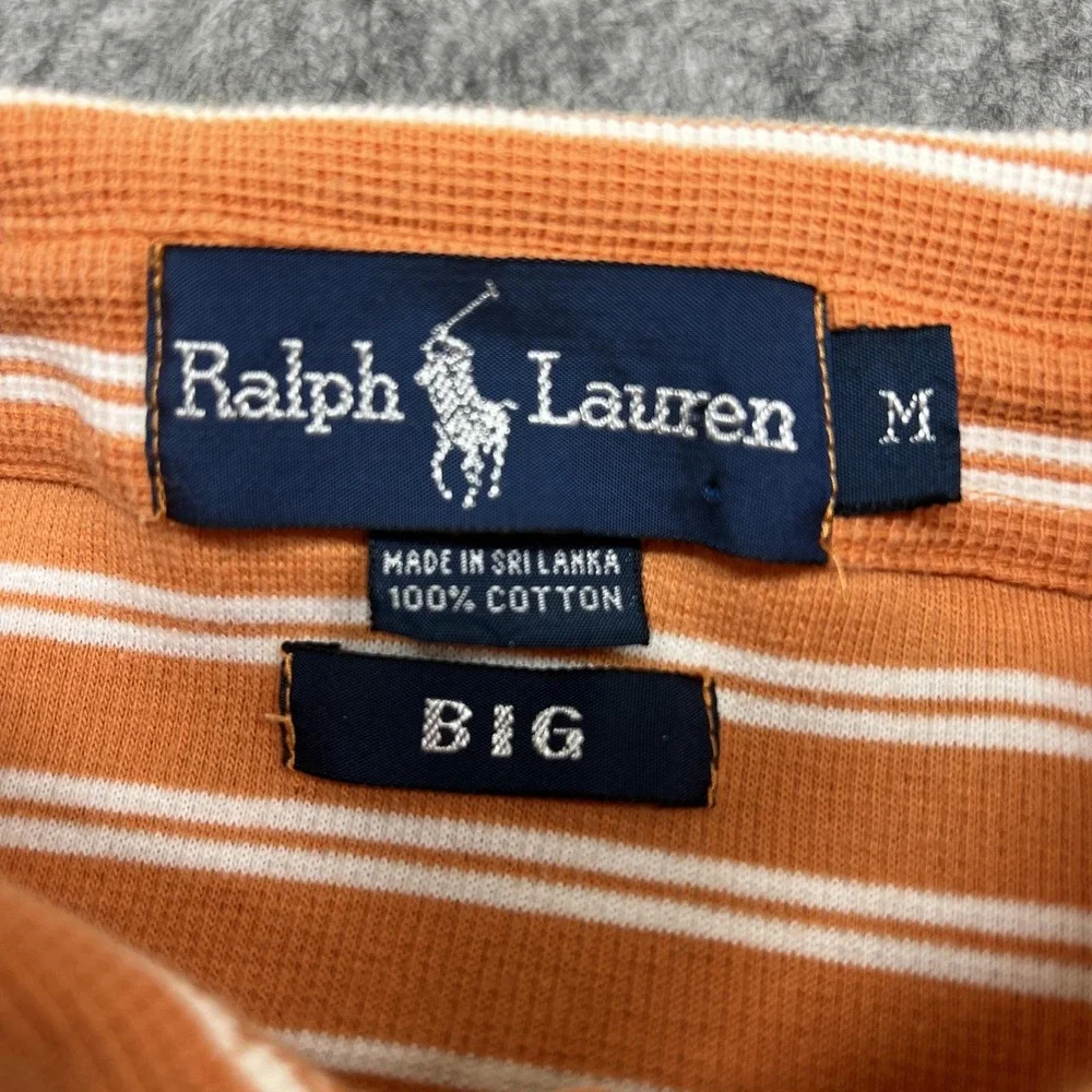 Ralph Lauren Polo Shirt Mens M Orange‎ White Stripe Button Down Collar Pony Big